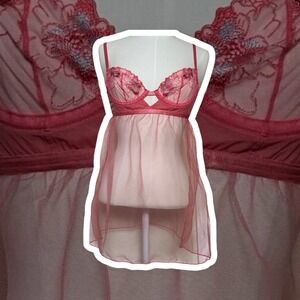 Y2K Pink Lace Floral Babydoll Lingerie Teddy Chemise Mesh Sheer XS